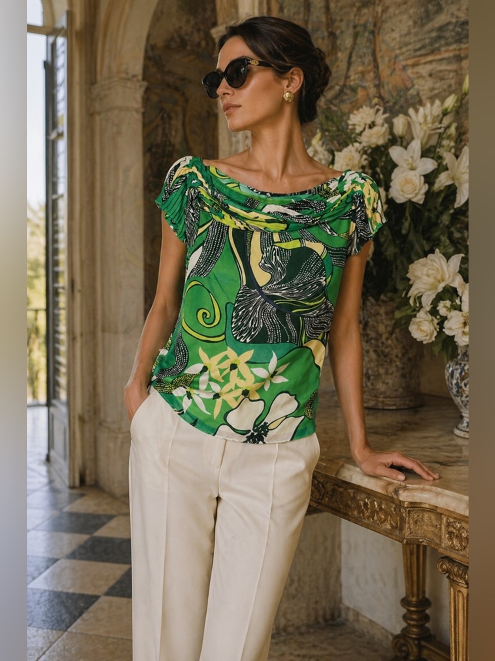 Escada Vintage Silk Blouse Green Abstract Floral Cowl Neck Top Sz 38 Medium